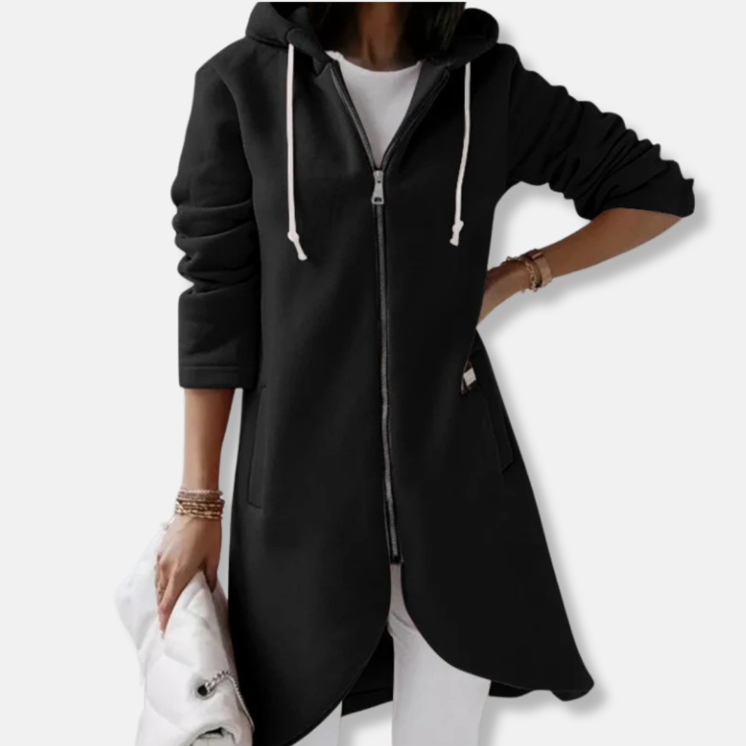 Women’s Hooded Longline Jacket - Knit Blend - Relaxed Fit - Full Zipper - Asymmetrical Hem