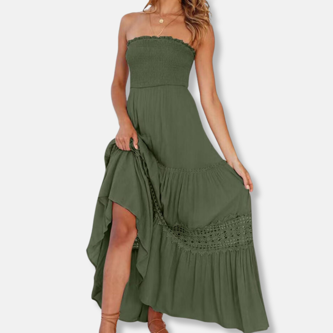 Women’s Maxi Dress - Strapless Shirred Bodice - Bohemian Tiered Lace Detail