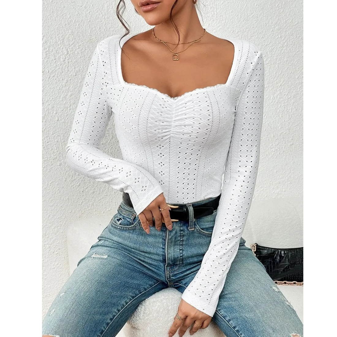 Vliza - Embroidered Eyelet Pleated Women's Long Sleeve Shirt