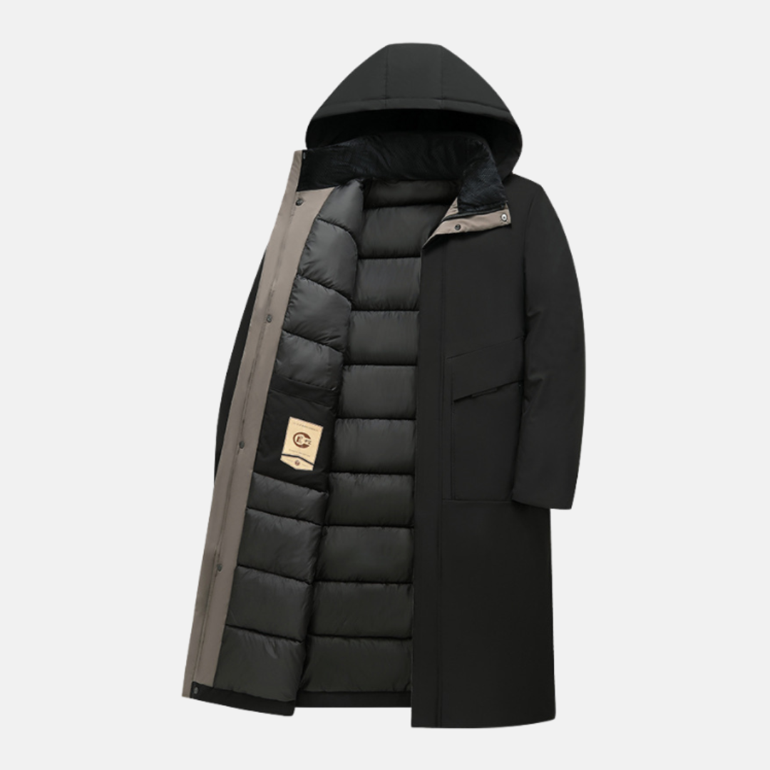 Men’s Long Coat – Regular Fit – Insulated Hood – Snap Closure – Patch Pockets