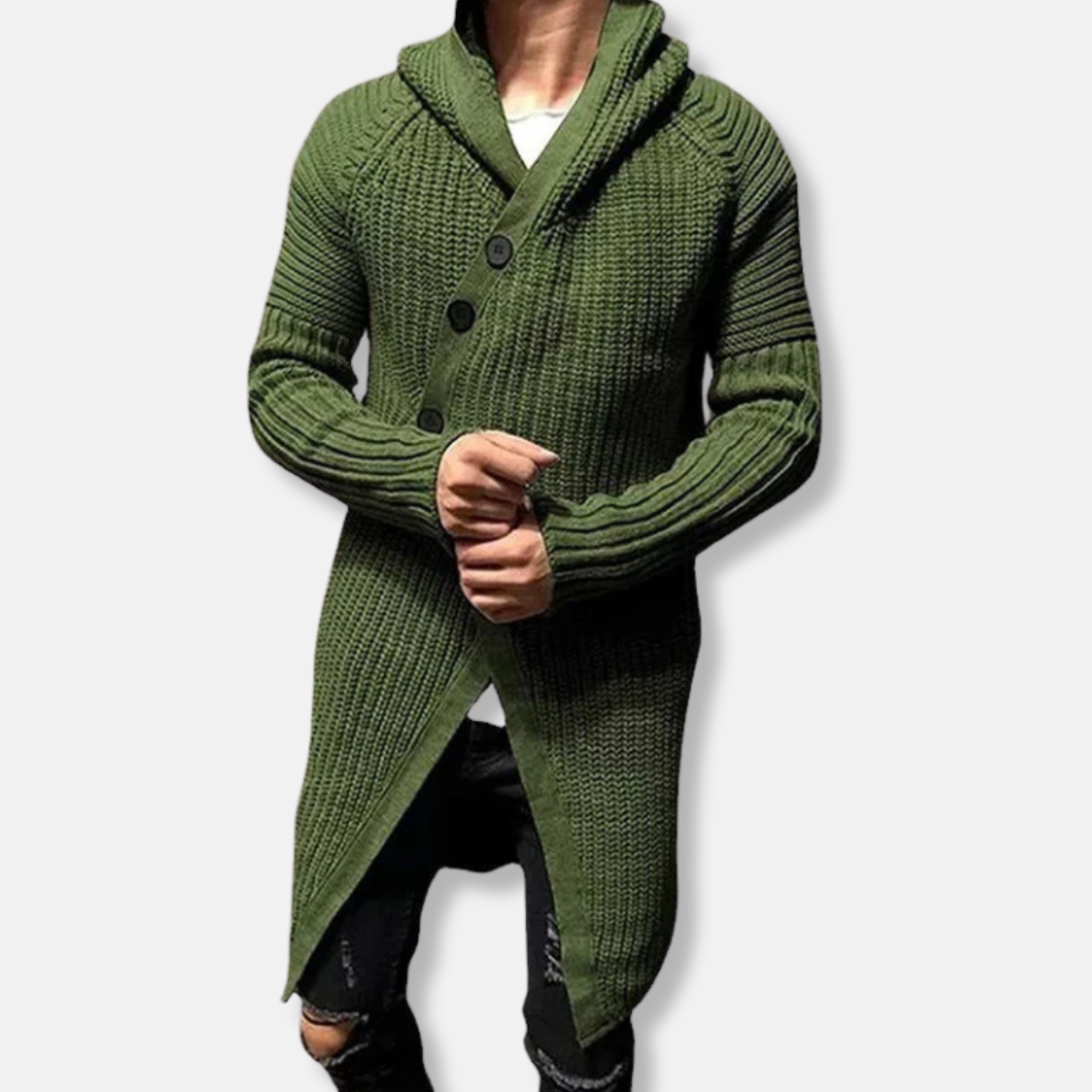 Men’s Longline Cardigan – Relaxed Fit – Chunky Knit Wool – Hooded Shawl Collar