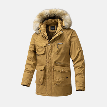 Men’s Parka Jacket – Water-Resistant – Detachable Faux Fur Hood – Utility Pockets – Loose Fit – Mid-Thigh Length