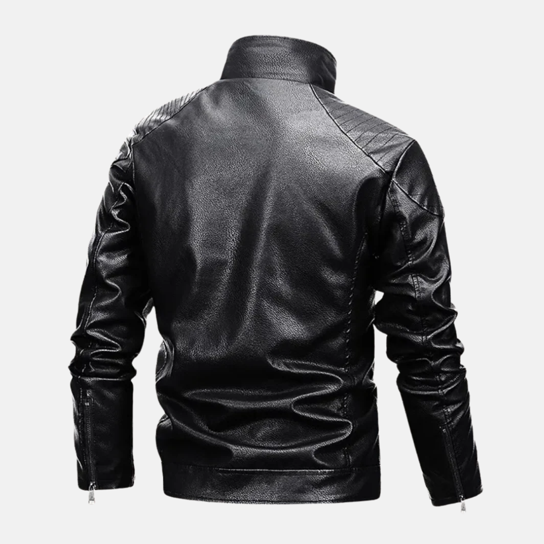Men’s Faux Leather Jacket – Structured Fit – Shearling Lined – Quilted Shoulders