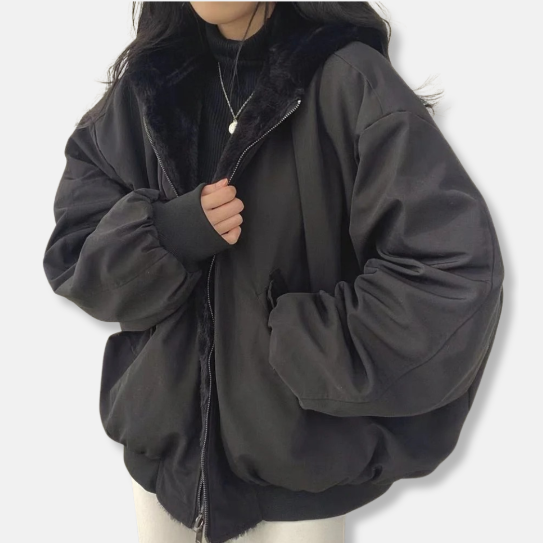 Women’s Reversible Jacket – Oversized Fit – Faux Fur Lined – Hooded with Puff Sleeves