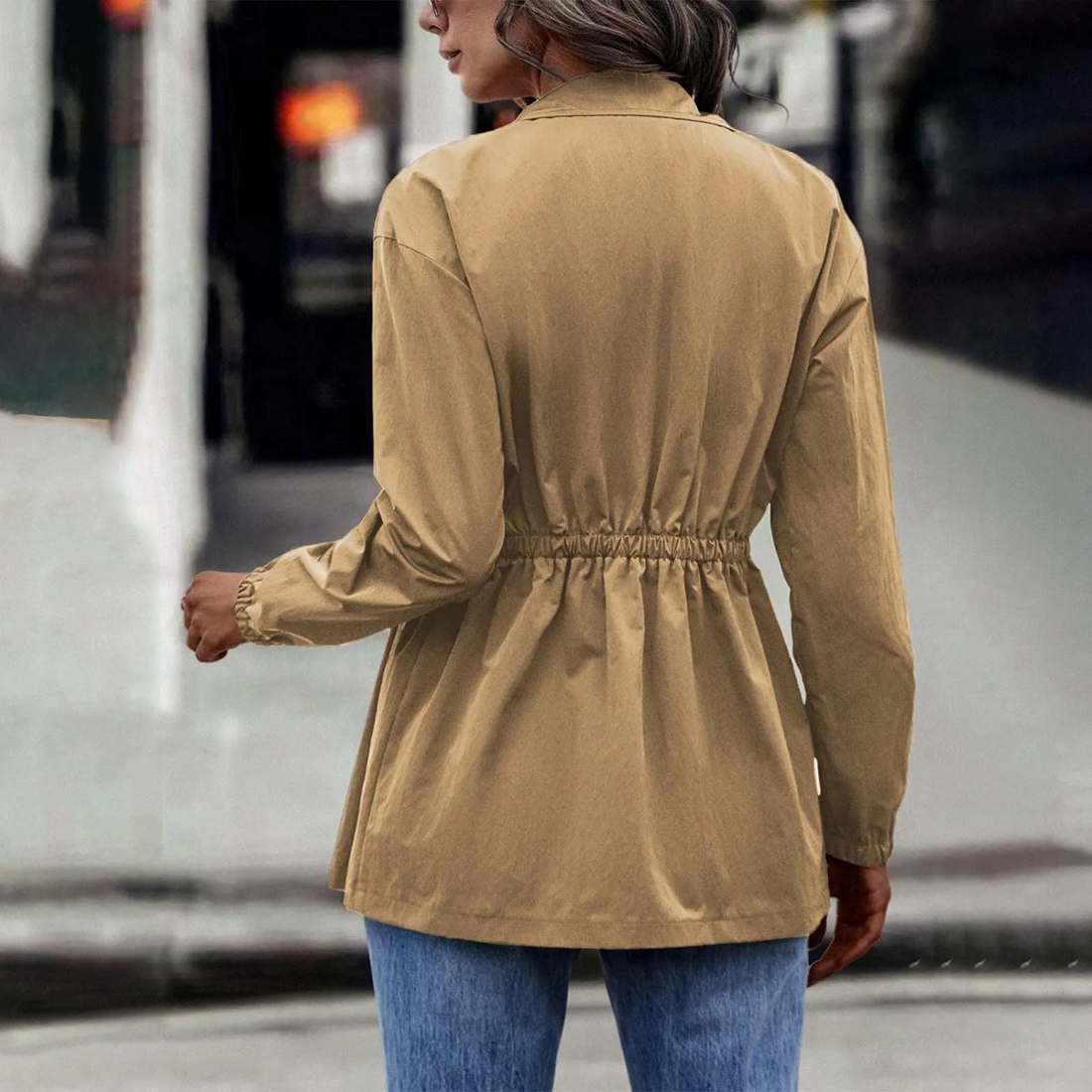 Women's khaki casual drawstring jacket