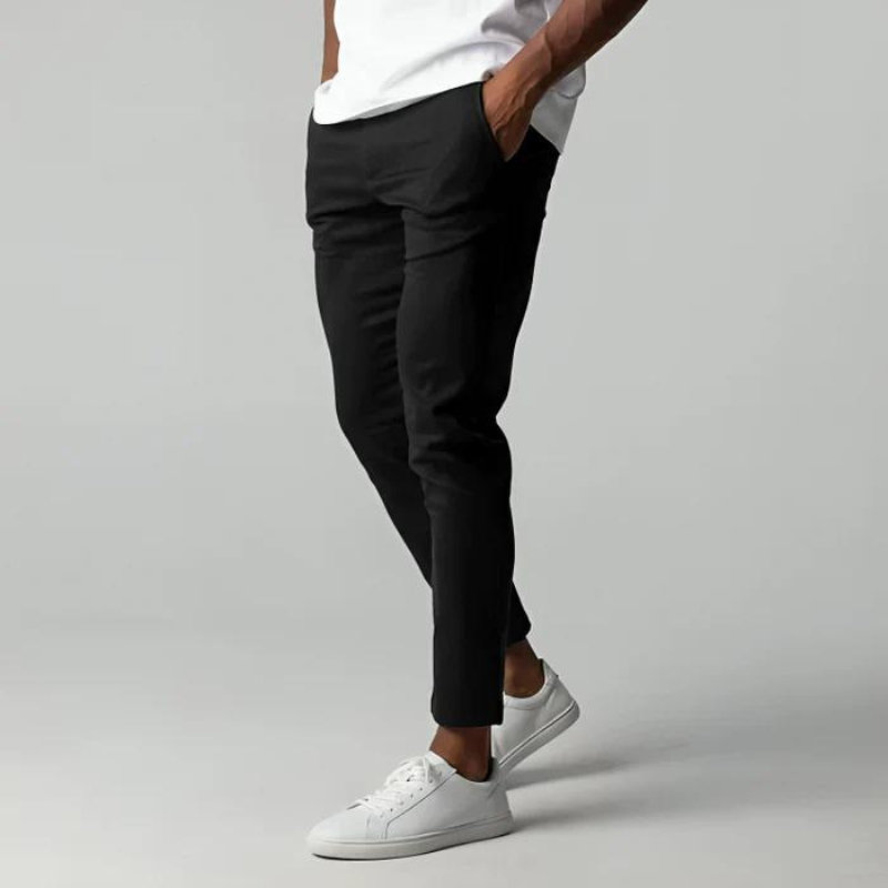 Men's casual pants with slim fit and button closure