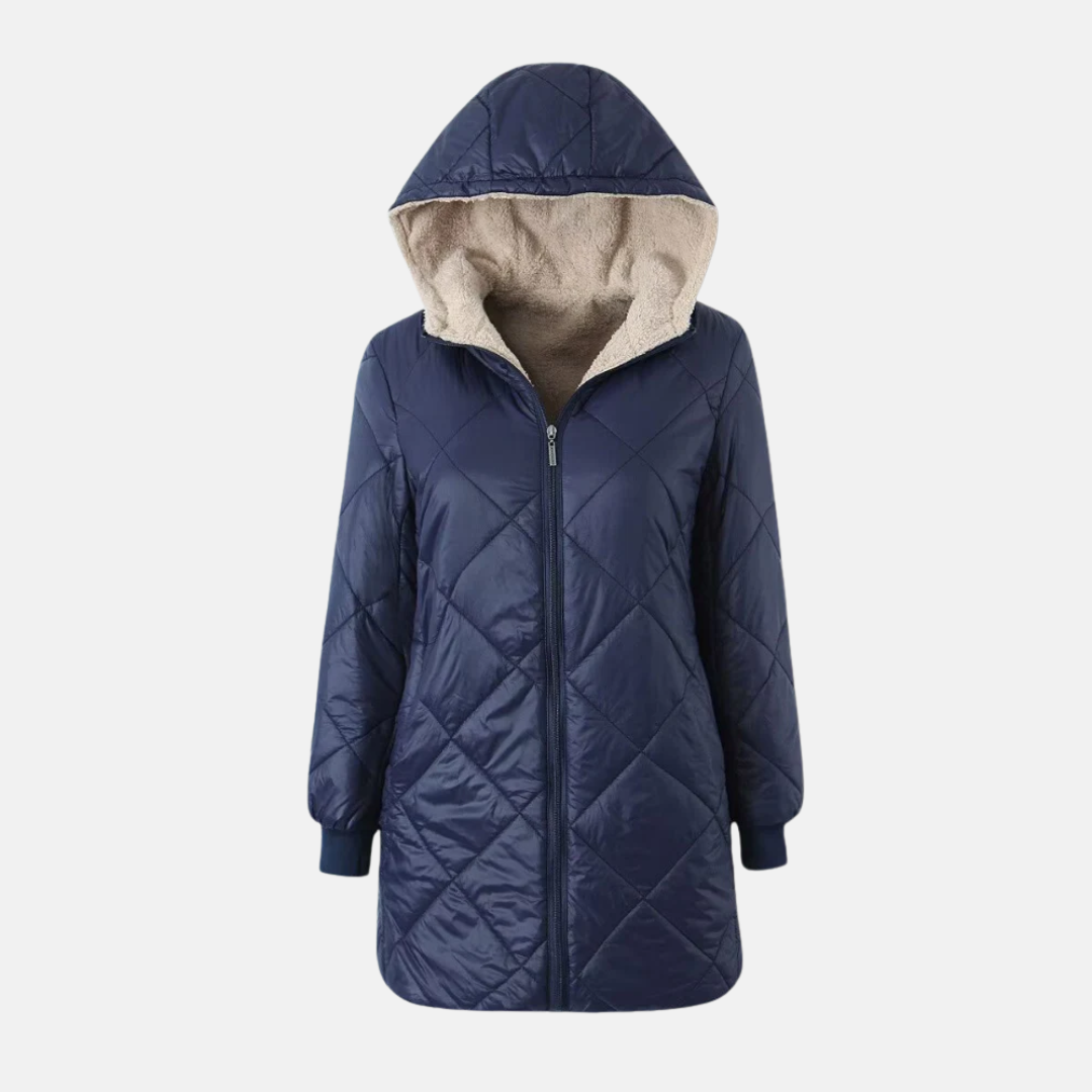 Women’s Hooded Coat – Reversible Quilted – Plush Lining – Relaxed Fit – Mid-Thigh Length