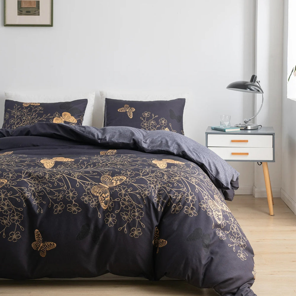 Cotton Butterfly Botanical Print Duvet Cover Set