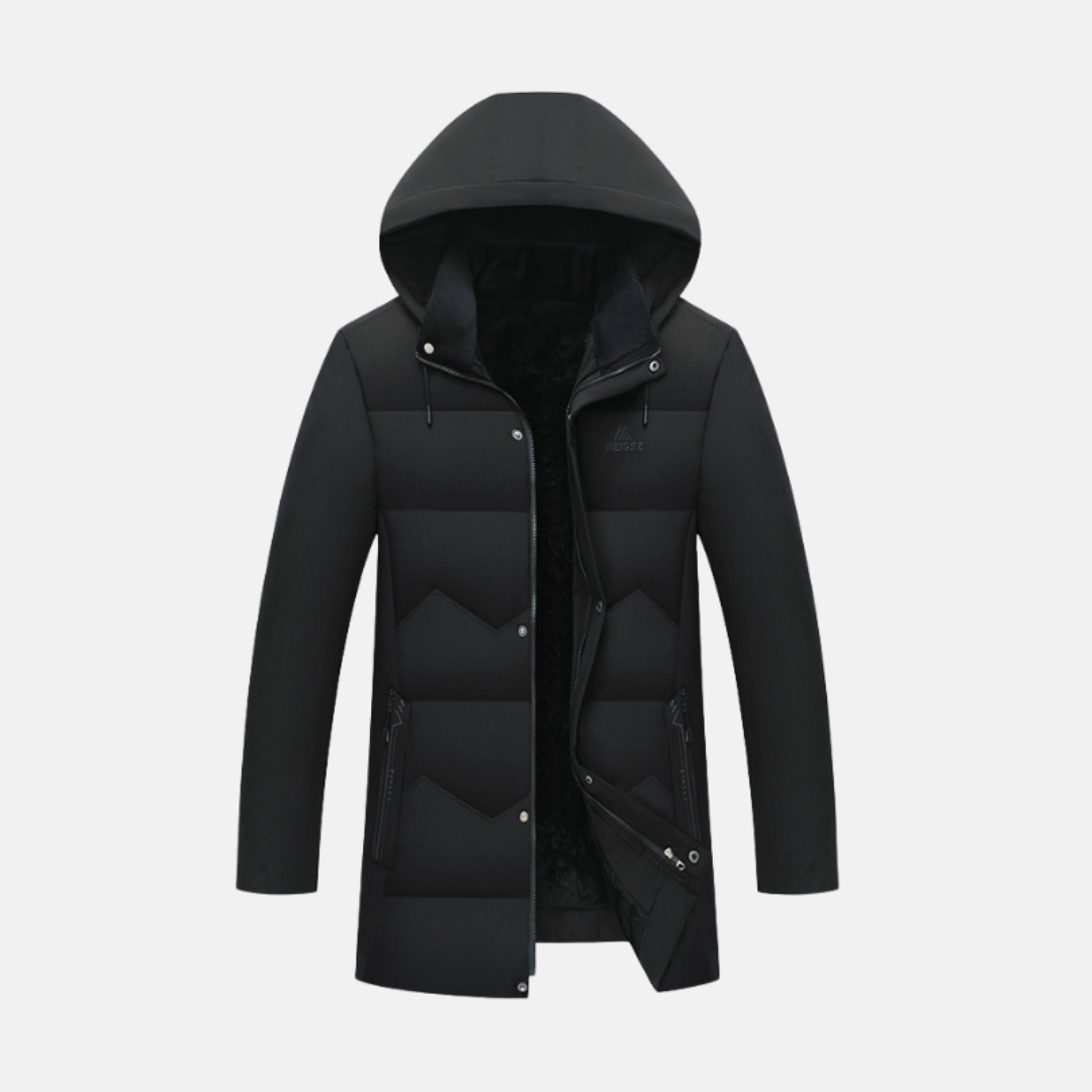 Men’s Padded Coat – Mid-Length Quilted – Hooded – Plush Lining – Wind Resistant