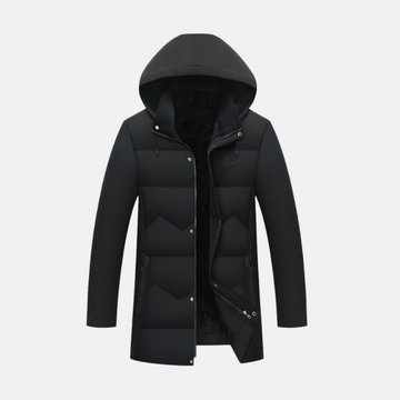Men’s Padded Coat – Mid-Length Quilted – Hooded – Plush Lining – Wind Resistant