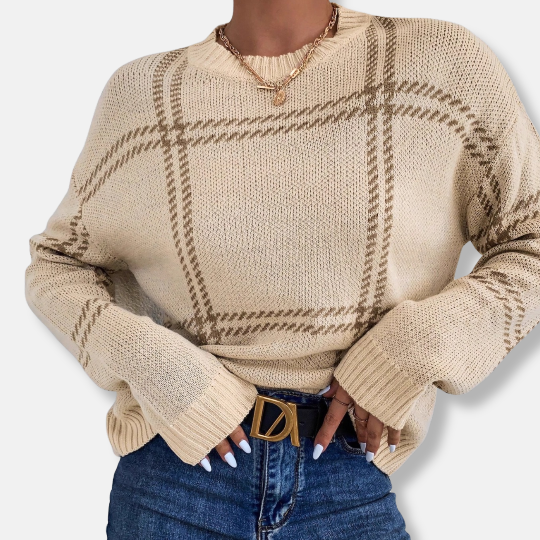 Women’s Sweater - Knit - Plaid Pattern - Crew Neck - Ribbed Cuffs