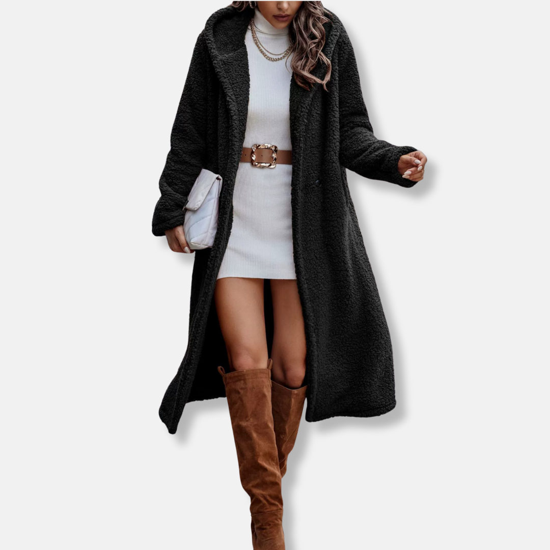 Women’s Long Coat – Plush Texture – Relaxed Fit – Hooded – Notched Lapel Closure
