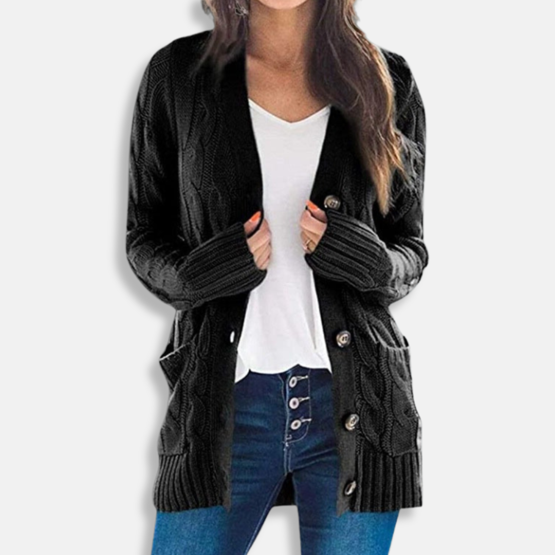 Women’s Cardigan Sweater – Chunky Cable Knit – Relaxed Fit – Button Front – Mid-Length