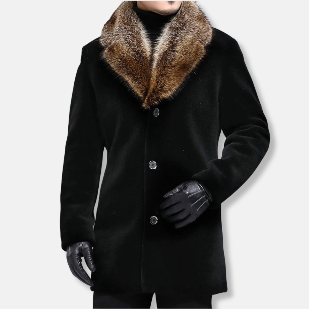 Men’s Mid-Length Coat – Structured Fit – Wool Blend – Shaggy Fur V-Collar – Button Closure