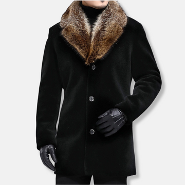 Men’s Mid-Length Coat – Structured Fit – Wool Blend – Shaggy Fur V-Collar – Button Closure