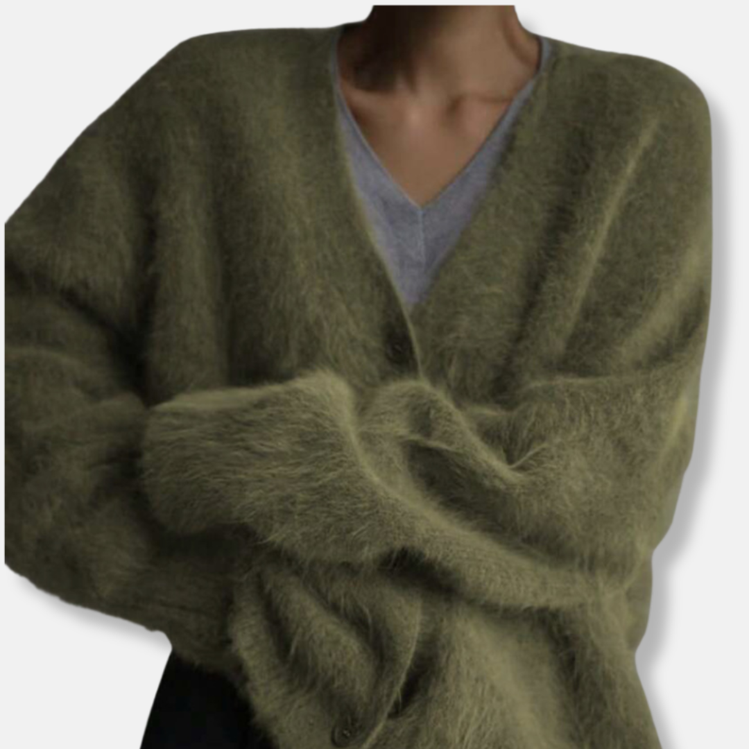 Women’s Cardigan - Mohair Blend - Oversized Relaxed Fit - V-Neck - Button Closure