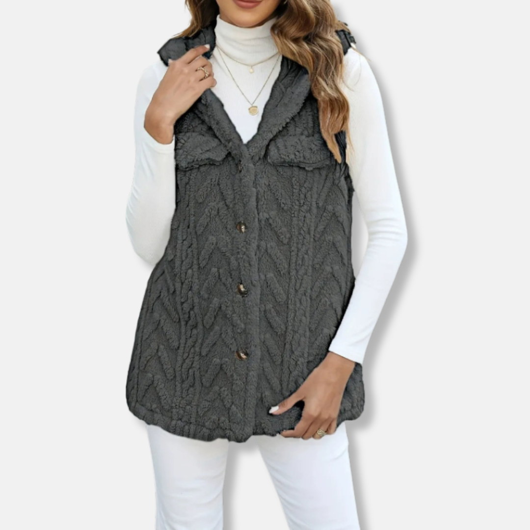 Women’s Hooded Vest – Fuzzy Knit – Button Front – Relaxed Fit – Chest Pockets