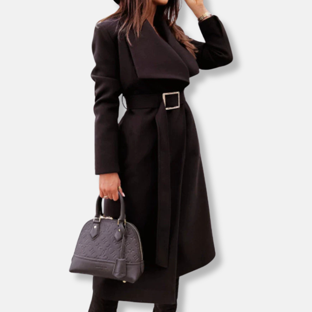 Women’s Longline Coat – Relaxed Tailored Fit – Wool Blend – Draped Lapels – Belted Waist