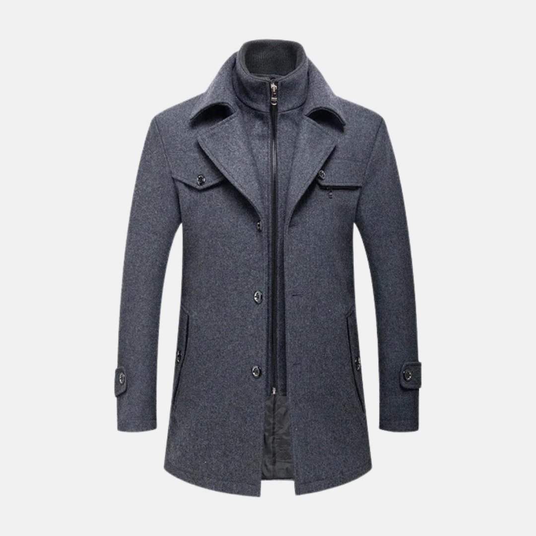 Men’s Wool Blend Trench Coat - Medium Length - High Collar - Button & Zip Closure