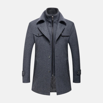 Men’s Wool Blend Trench Coat - Medium Length - High Collar - Button & Zip Closure
