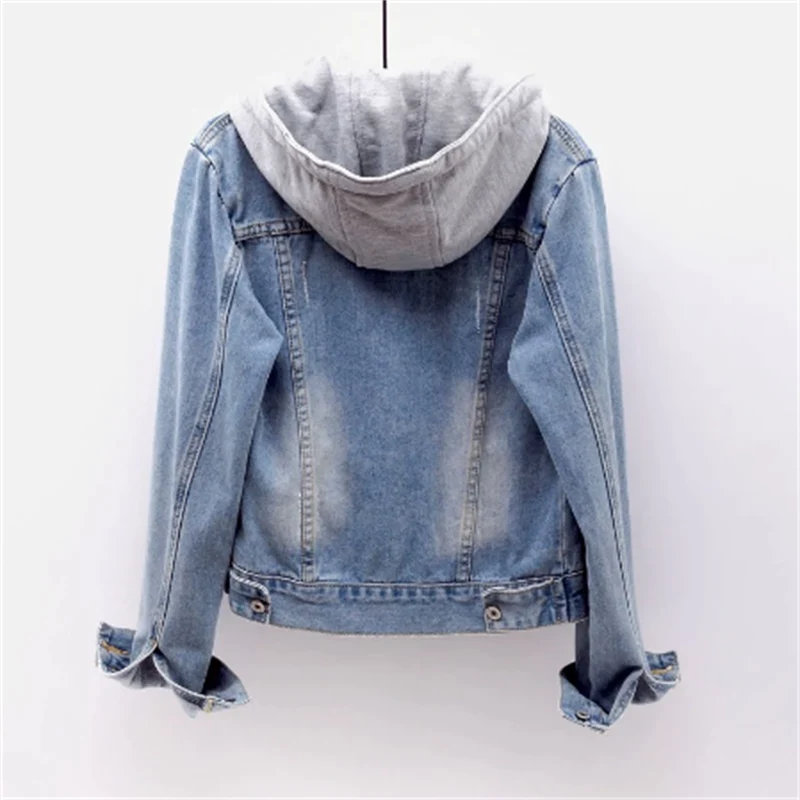 Women's distressed denim jacket with hood