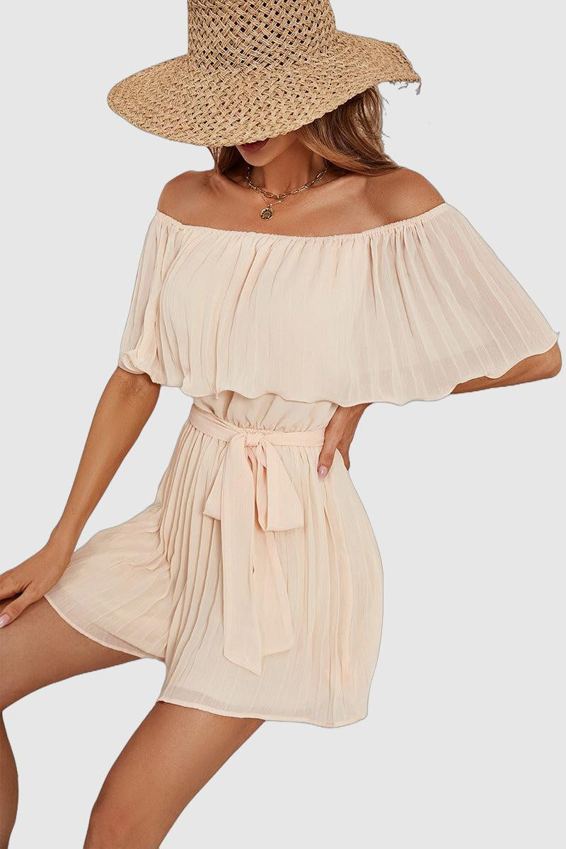 Vern - beige off-shoulder pleated collar romper