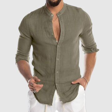 Men's button-down shirt with mandarin collar