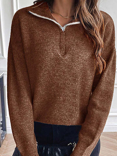 Lina - lapel long sleeved sweater with half zipper