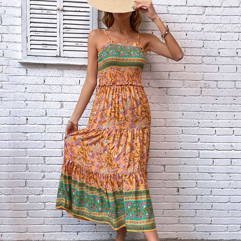 Women's Bohemian ruffled floral skirt dress