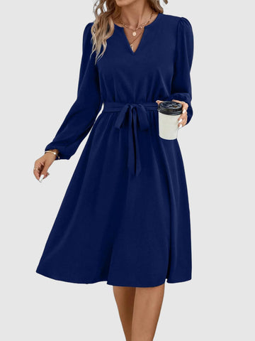 Women's Midi Dress - V-Neck, Long Sleeve, Belted Waist, Elegant & Comfortable