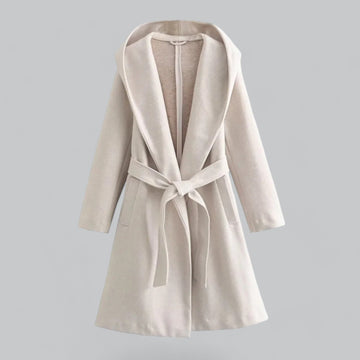 Women's Wool Blend Wrap Coat - Hooded - Knee Length - Belted Waist - Wide Lapel