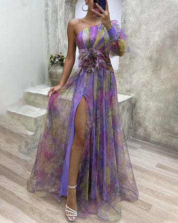 Women's Evening Gown - One-Shoulder - Sheer Floral Overlay - High Slit - Puff Sleeve