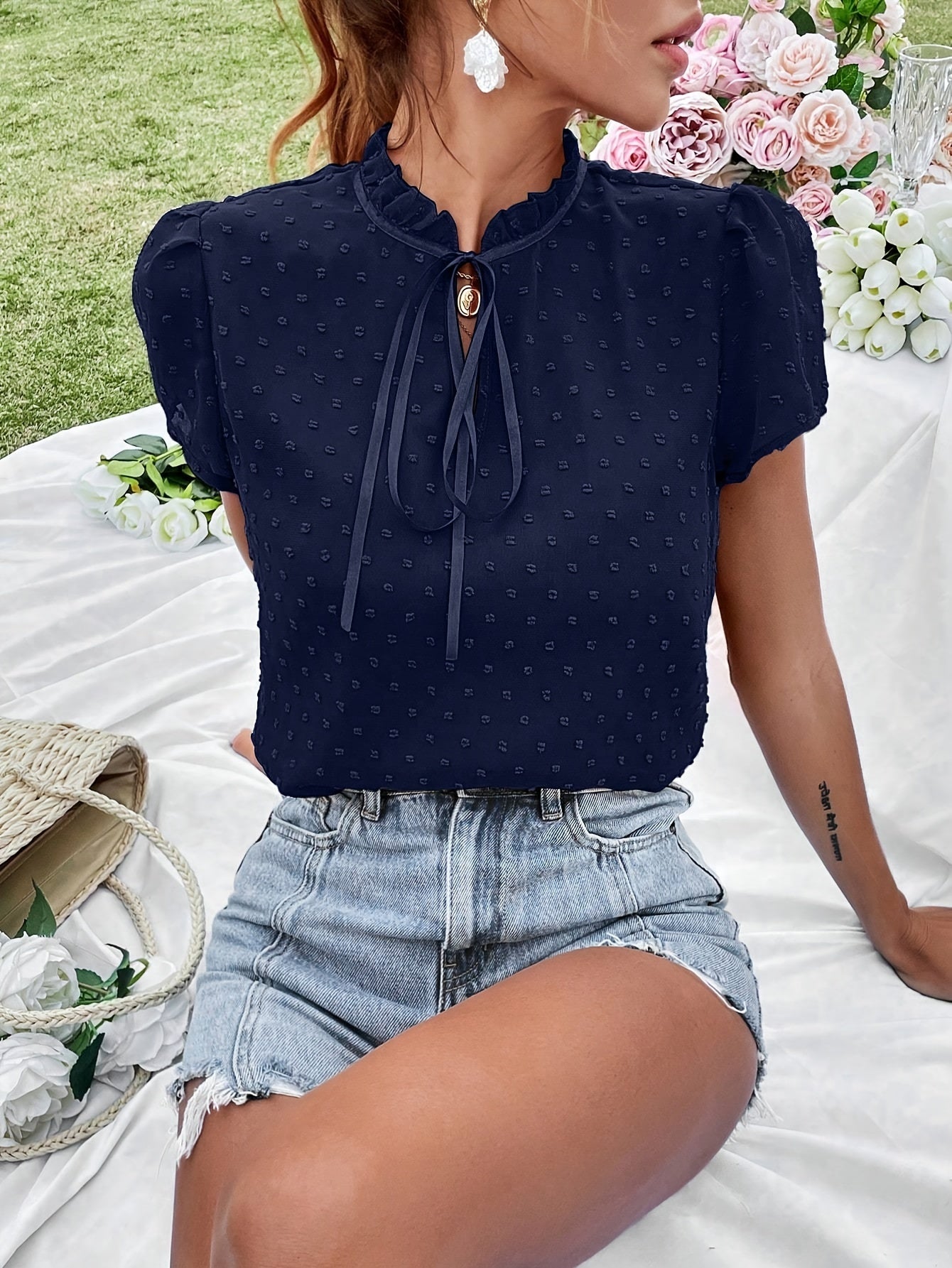 Anita - dark blue blouse with lace collar