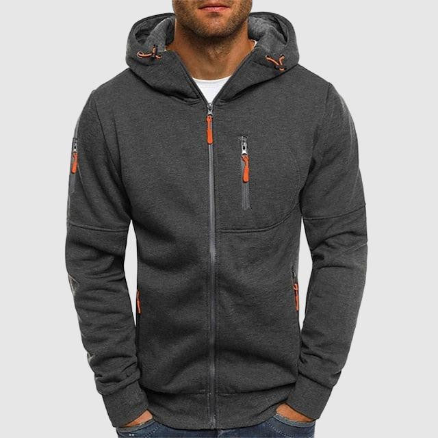 Men's hooded jacket with multiple zippered pockets