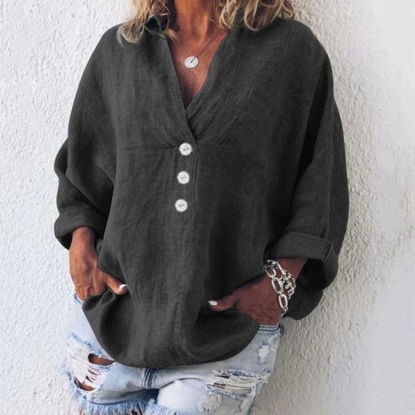 Women's casual linen V-neck button-down top