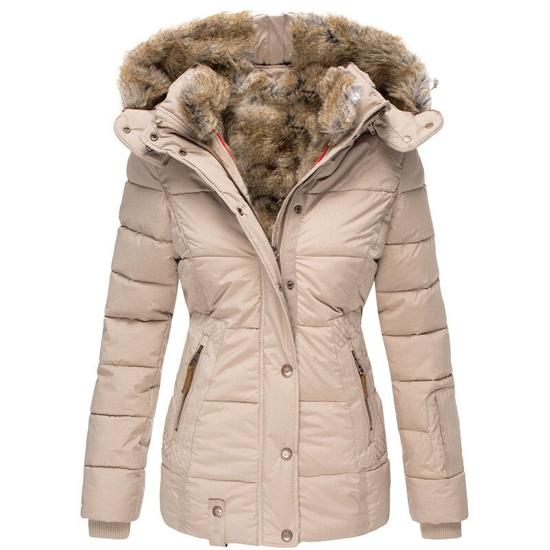 Winter warm collar jacket with hood for women