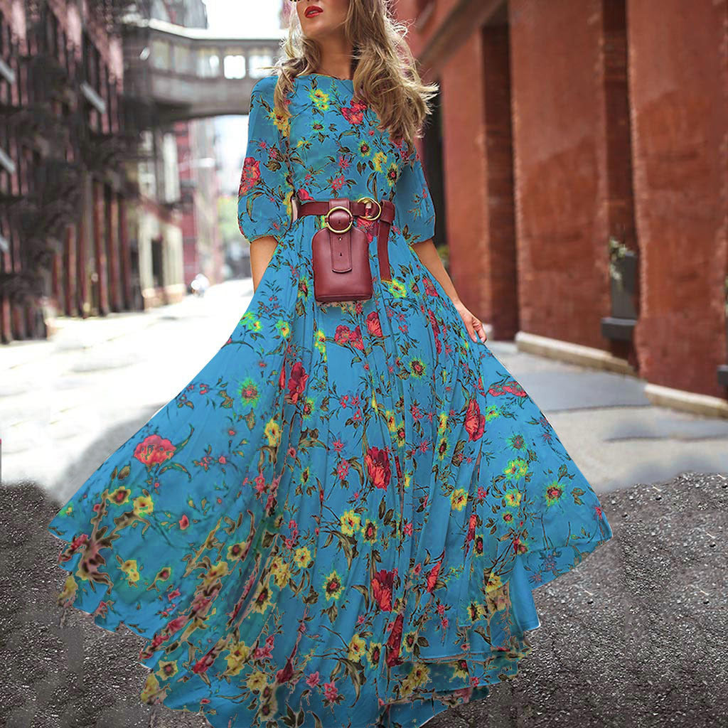 Women's Maxi Dress - Floral Print - Flowy Loose Fit - Belted Waist - Elbow Sleeve