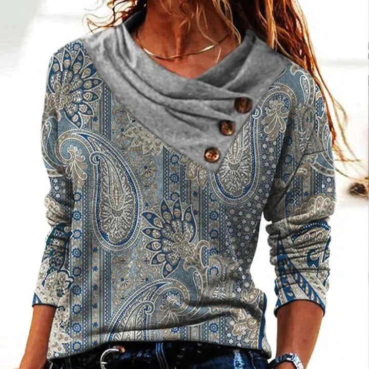 Women's paisley print button-neck long sleeve top