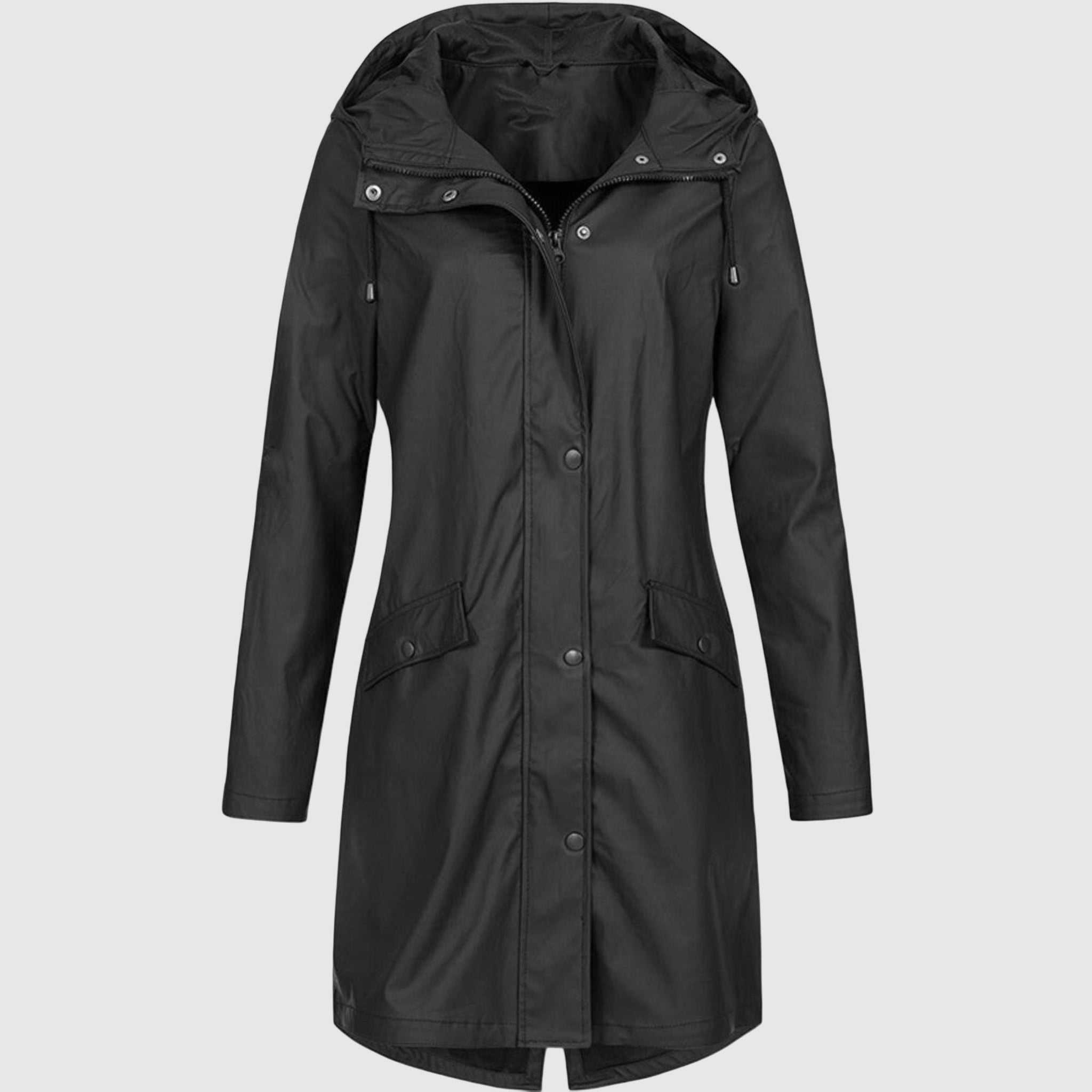 Women's long black hooded coat for all-weather protection