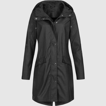 Women's long black hooded coat for all-weather protection