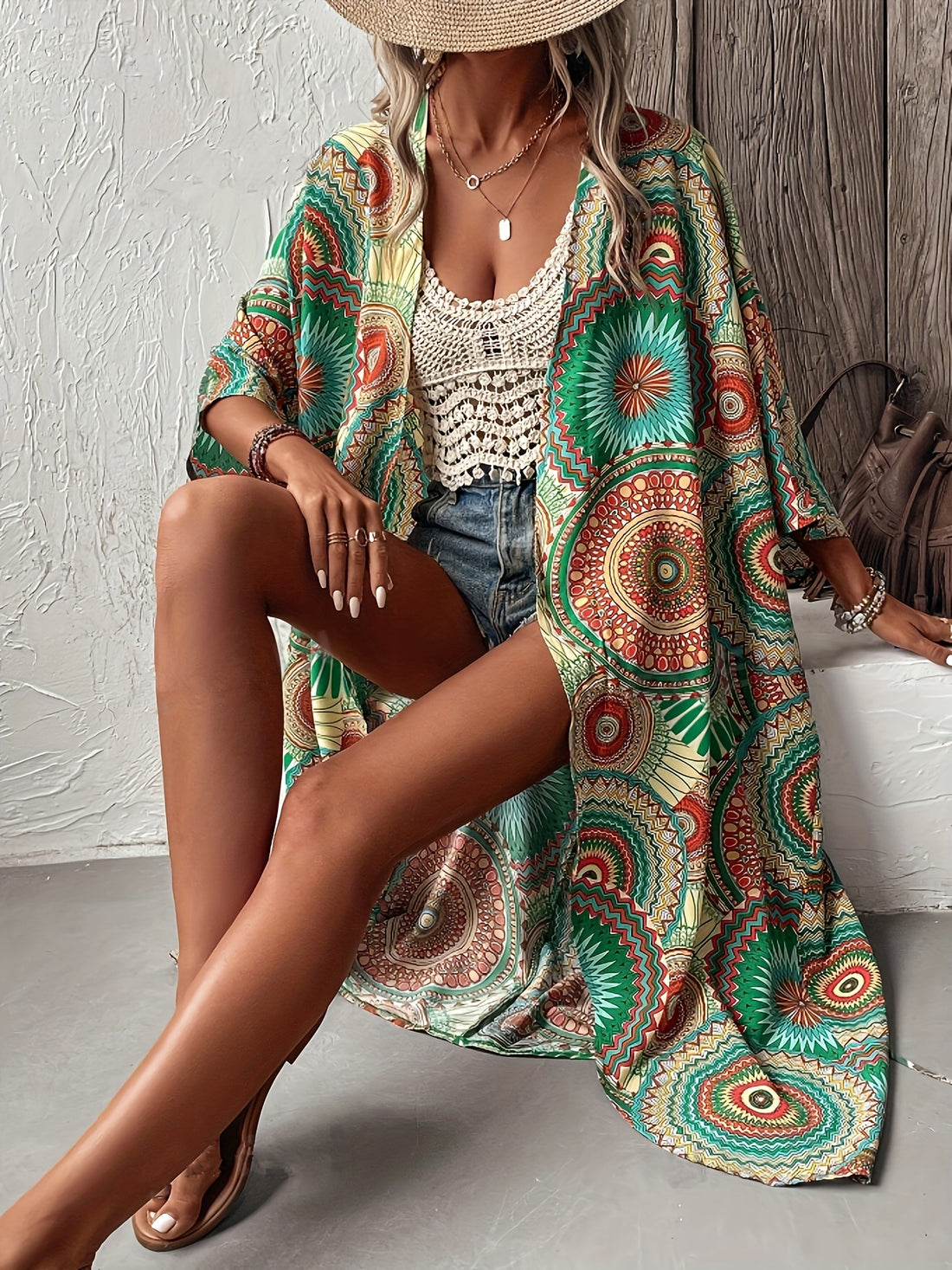 Mandala print belted cover up for women