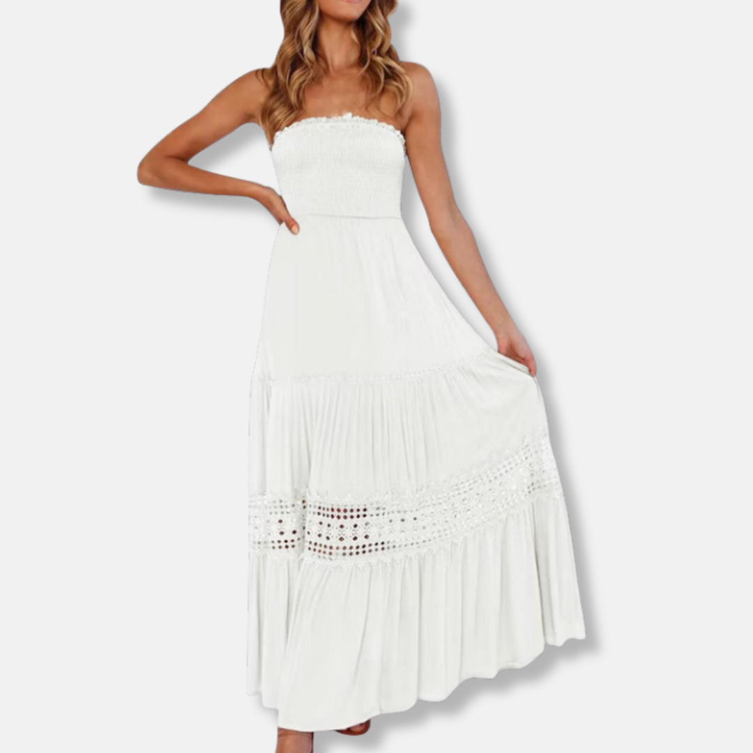 Women’s Maxi Dress - Strapless Shirred Bodice - Bohemian Tiered Lace Detail