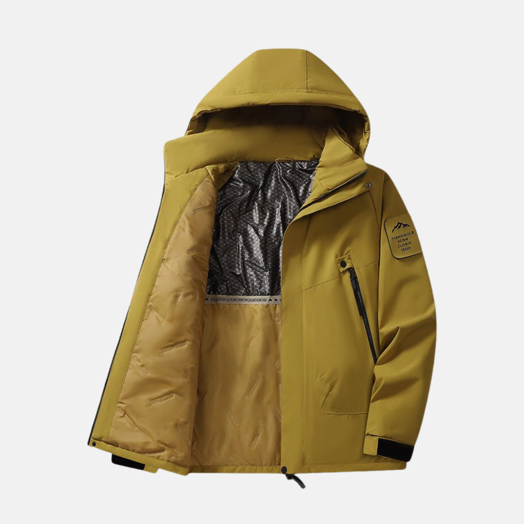 Men’s Down Coat – Tailored Fit – Hooded Stand Collar – Water Resistant – Zip Closure