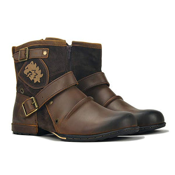 Men's retro leather biker boots with metal buckle & side zipper