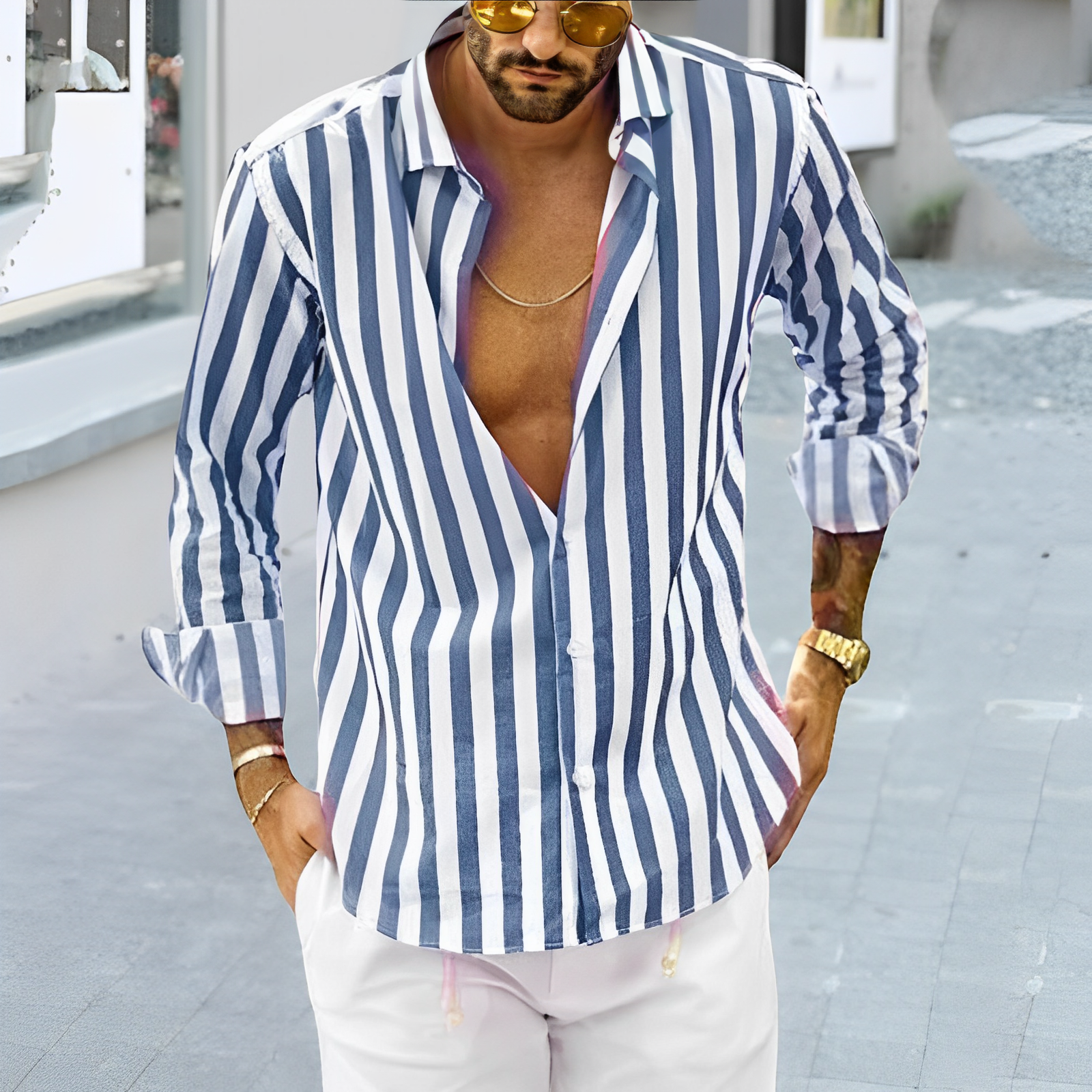 Men's vertical stripe button-down shirt