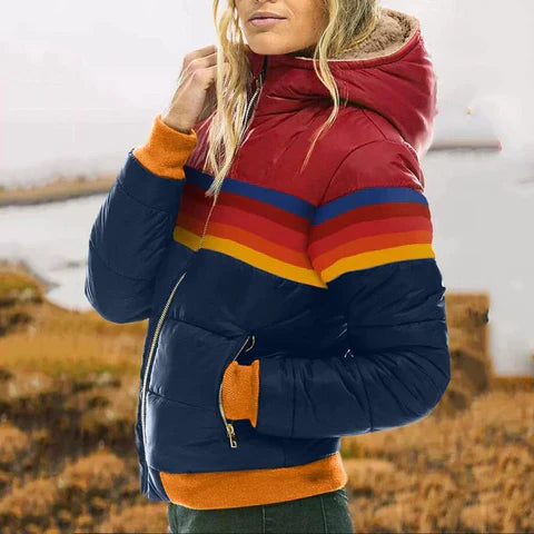 Women's Retro Color Block Puffer Jacket - Warm Winter Coat with Vintage Style