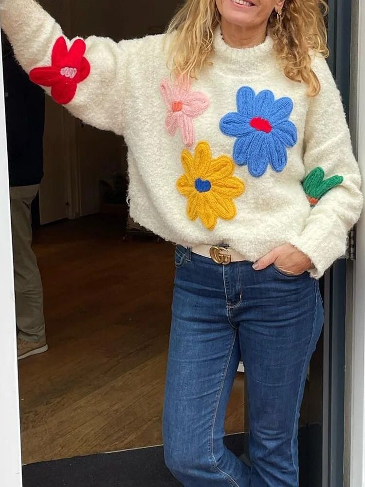 Women's cozy floral applique knit sweater