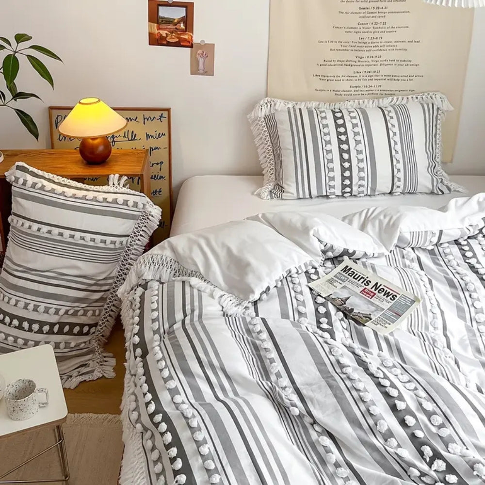 Cotton Striped Tassel Duvet Cover
