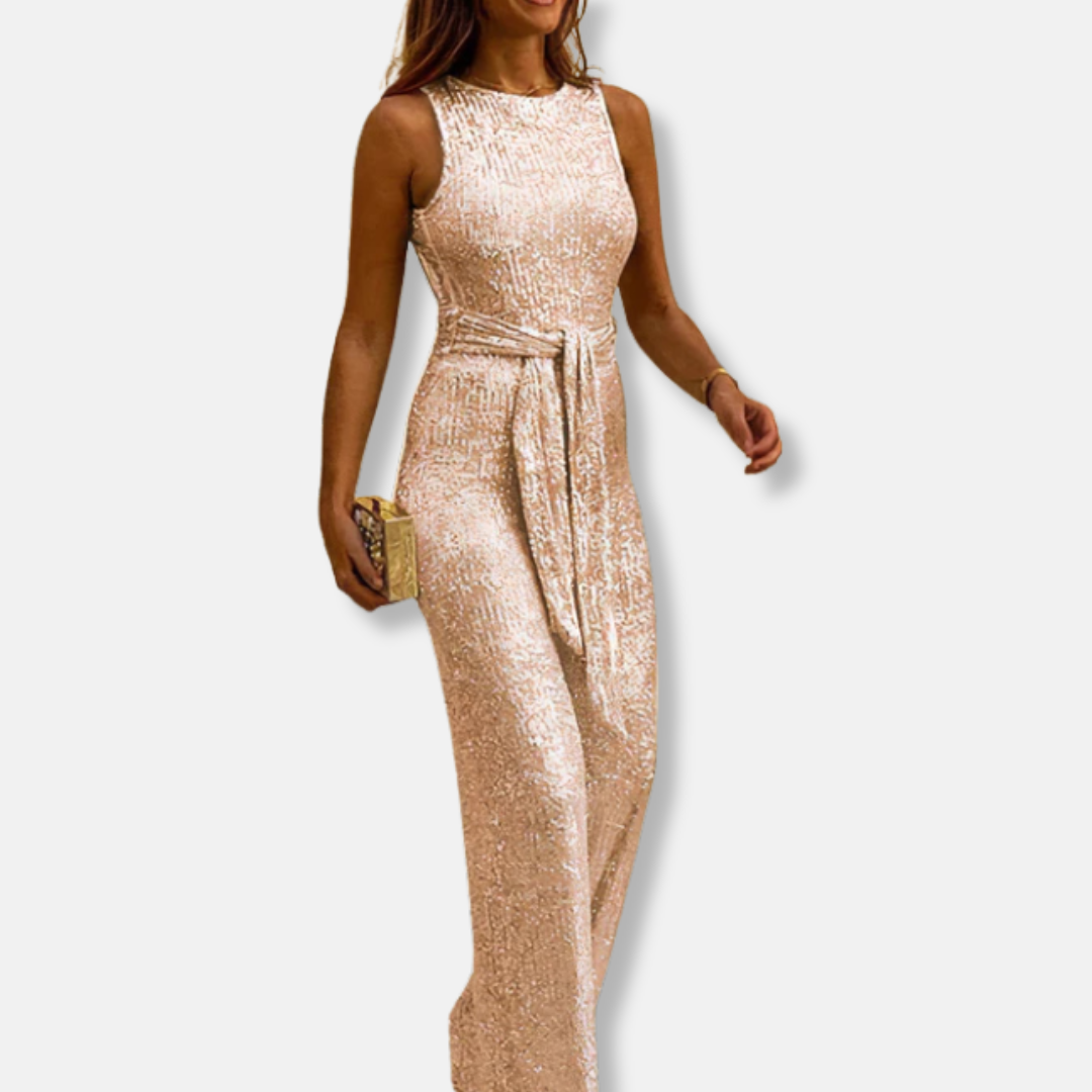 Siena Sequined Belted Wide Leg Jumpsuit | Sleeveless Crewneck Jumpsuit