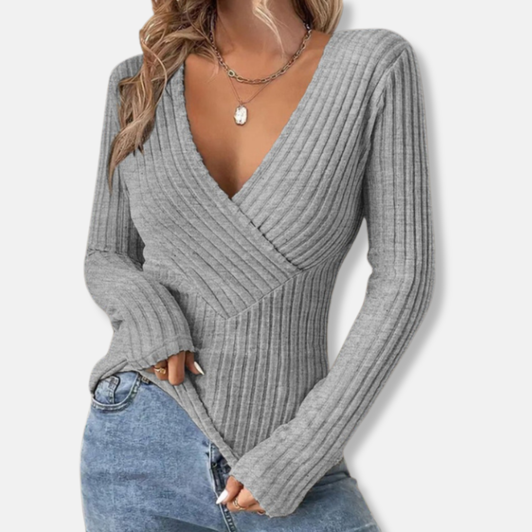 Women's Ribbed Knit Top - Deep V-Neck - Fitted Wrap Design - Long Sleeve